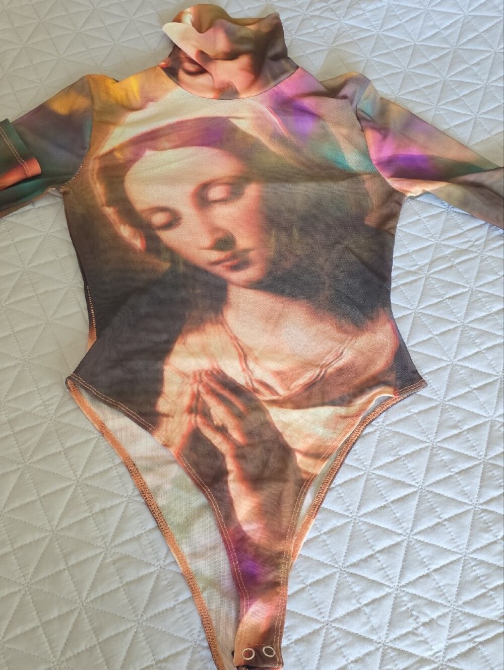Forever 21 Multicolor Religious Print Mesh Bodysuit